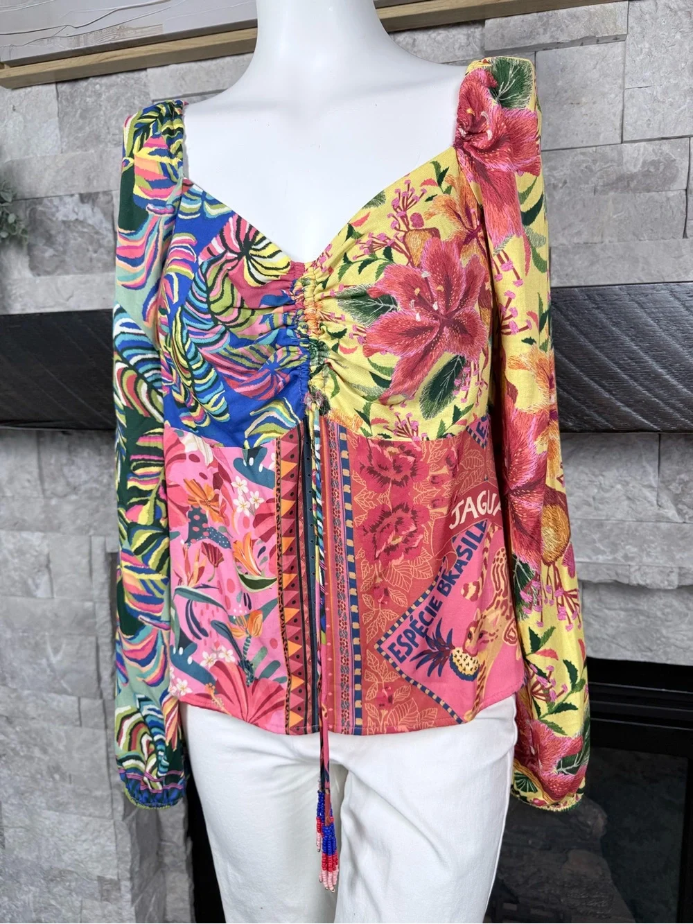 FARM Rio Patchwork Corset Puff Sleeve Blouse M Beaded Tassel